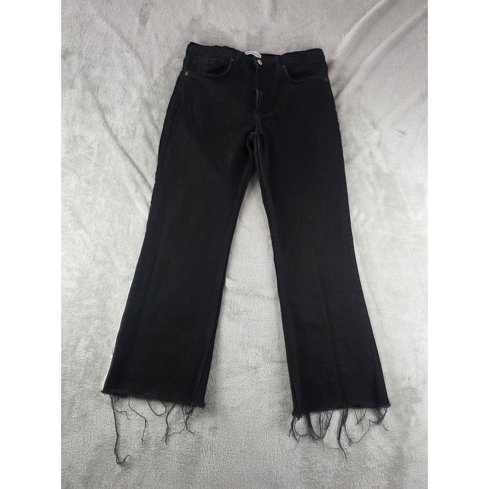 Zara Jeans Women Size 10 Black Denim High Rise Raw Hem Flare Leg